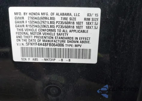 2015 Honda Pilot Ex from USA, damaged, VIN 5FNYF4H48FB064006